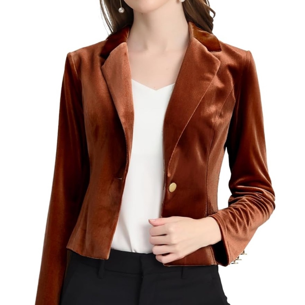 Allegra K Brown Cropped Velvet Women's Blazer